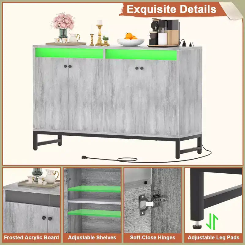 Buffet de rangement Besiost avec étagères réglables, Bar à café avec station de recharge, Lumière LED