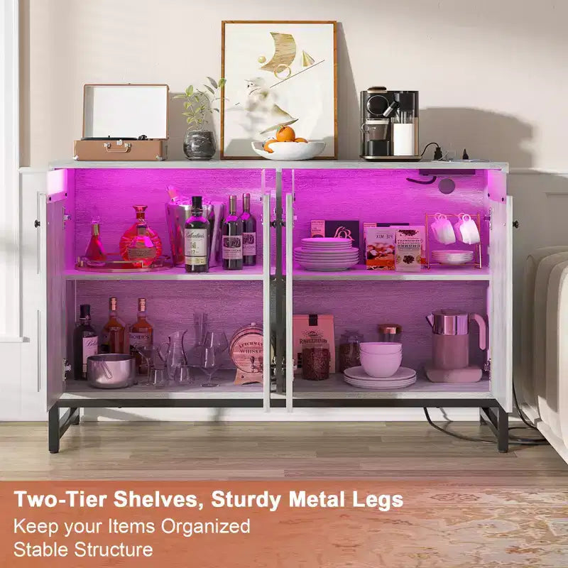 Buffet de rangement Besiost avec étagères réglables, Bar à café avec station de recharge, Lumière LED