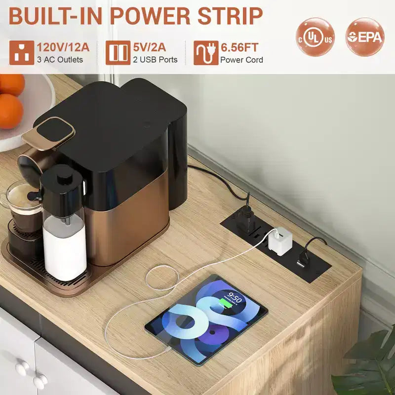Buffet de rangement Besiost avec étagères réglables, Bar à café avec station de recharge, Lumière LED