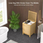 Besiost Panier à Linge Grande Taille 120 L en Bambou avec Couvercle et Sac de Doublure Amovible, Panier à Linge à 2 Compartiments avec Rangement