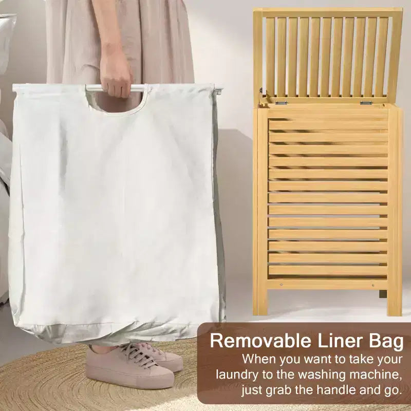 Besiost Panier à Linge Grande Taille 120 L en Bambou avec Couvercle et Sac de Doublure Amovible, Panier à Linge à 2 Compartiments avec Rangement