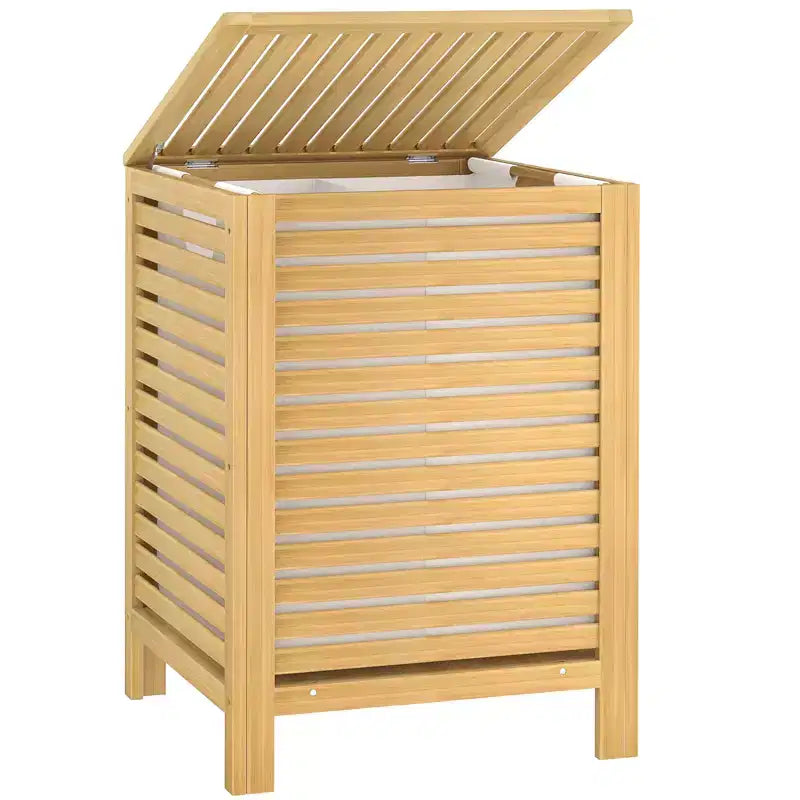 Besiost Panier à Linge Grande Taille 120 L en Bambou avec Couvercle et Sac de Doublure Amovible, Panier à Linge à 2 Compartiments avec Rangement