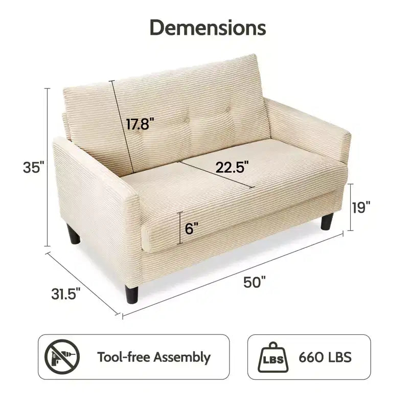 Dyonery Petit canapé deux places, canapé confortable de 127 cm avec coussins épais, canapé deux places sans outils pour chambre, petit canapé deux places pour petits espaces