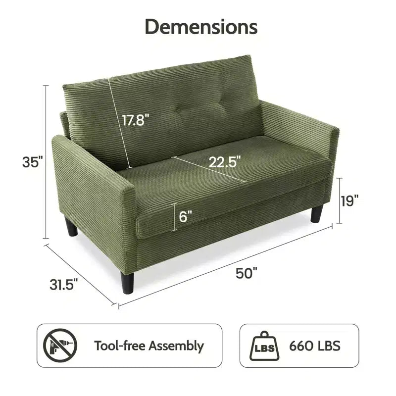 Dyonery Petit canapé deux places, canapé confortable de 127 cm avec coussins épais, canapé deux places sans outils pour chambre, petit canapé deux places pour petits espaces