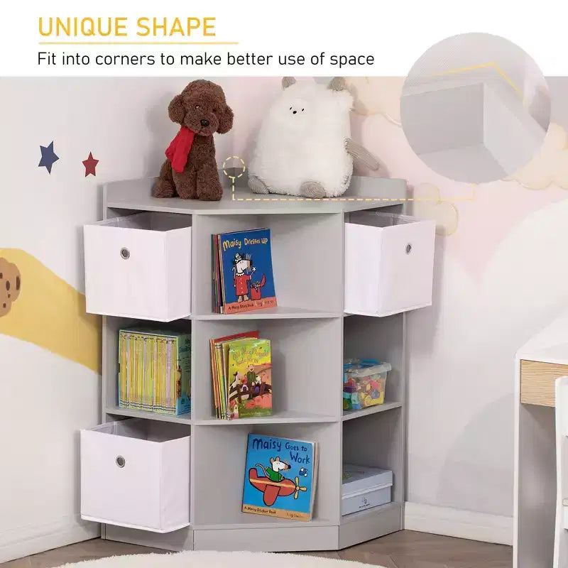 Meuble d'angle pour enfants HOMCOM, Organiseur de rangement pour jouets avec compartiments, Étagère à livres avec trois paniers pour salle de jeux, chambre d'enfant, salon, gris