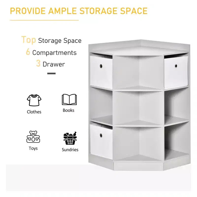 Meuble d'angle pour enfants HOMCOM, Organiseur de rangement pour jouets avec compartiments, Étagère à livres avec trois paniers pour salle de jeux, chambre d'enfant, salon, gris