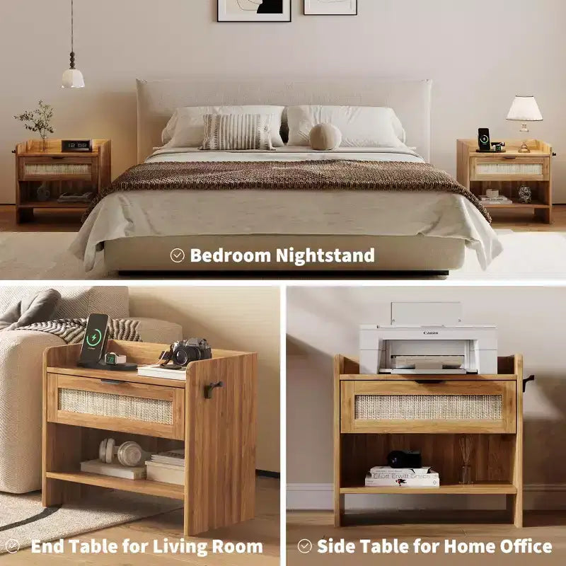 Table de chevet en rotin (lot de 2), avec station de charge USB-C - 1 tiroir et espace de rangement ouvert, table d'appoint bohème