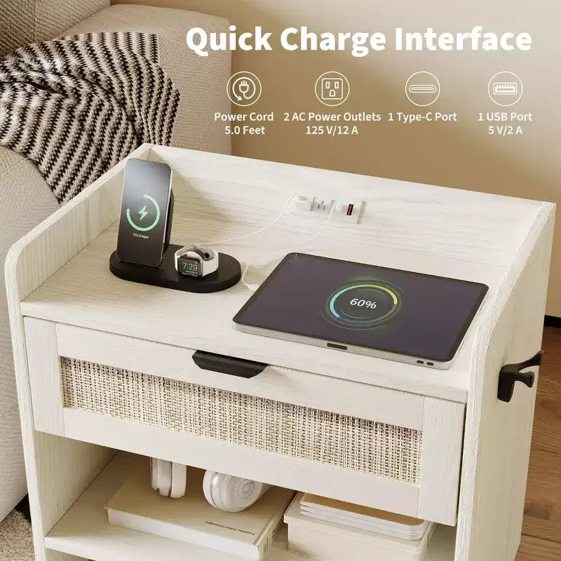 Table de chevet en rotin (lot de 2), avec station de charge USB-C - 1 tiroir et espace de rangement ouvert, table d'appoint bohème