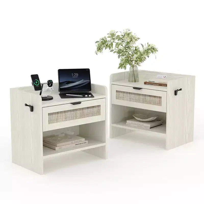 Rattan Nightstand Set of 2, Bedside Table with Type-C Charging Station - 1 Drawer & Open Storage Space, Boho End Table Side Table