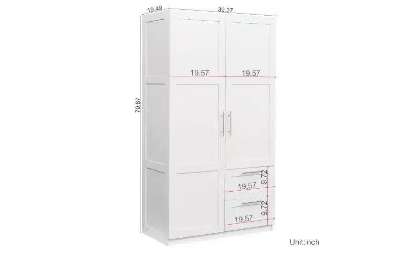 Armoire de chambre à coucher de 180 cm, armoire de rangement autoportante à 2 portes, armoire moderne à 3 étagères, blanche