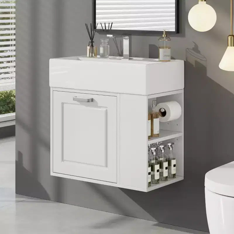 Meuble sous-vasque de salle de bain mural de 21,8 po avec lavabo, meuble de rangement de salle de bain avec tiroirs, meuble-lavabo simple avec étagère réglable