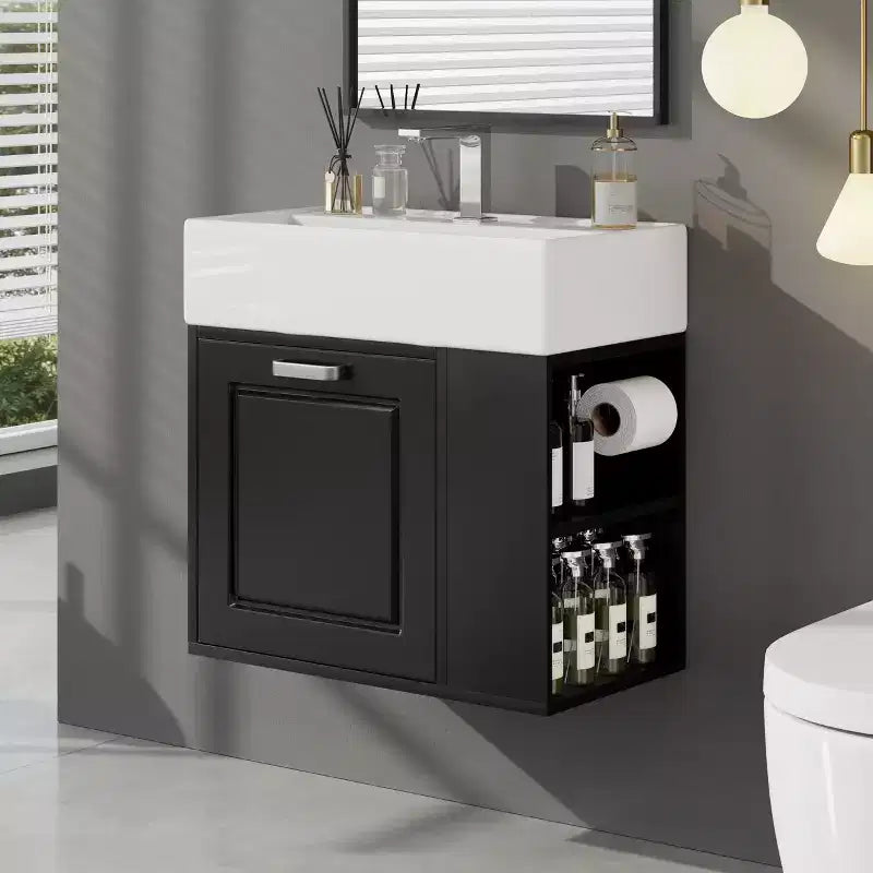 Meuble sous-vasque de salle de bain mural de 21,8 po avec lavabo, meuble de rangement de salle de bain avec tiroirs, meuble-lavabo simple avec étagère réglable
