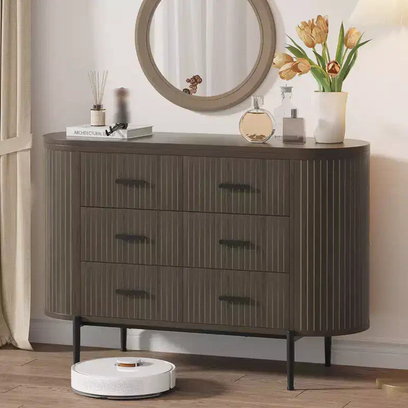 Commode à 6 tiroirs pour chambre à coucher, commode en bois de 47 po de large avec plateau en faux marbre, commode cannelée pour TV, organiseur de rangement pour vêtements de chambre à coucher
