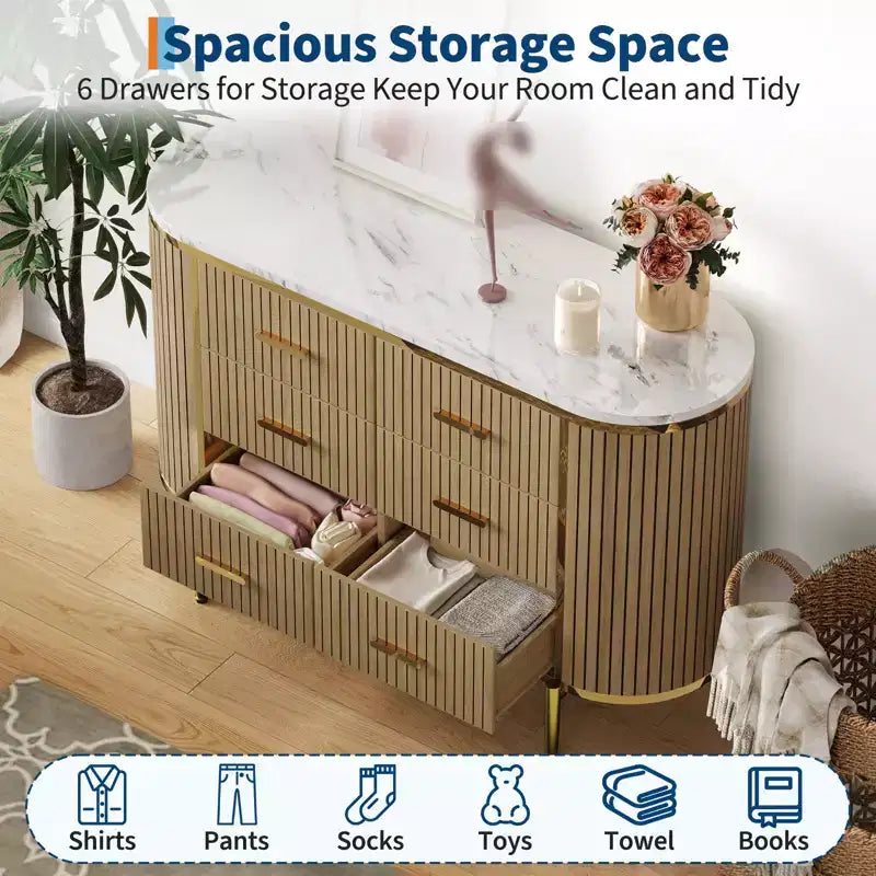Commode à 6 tiroirs pour chambre à coucher, commode en bois de 47 po de large avec plateau en faux marbre, commode cannelée pour TV, organiseur de rangement pour vêtements de chambre à coucher