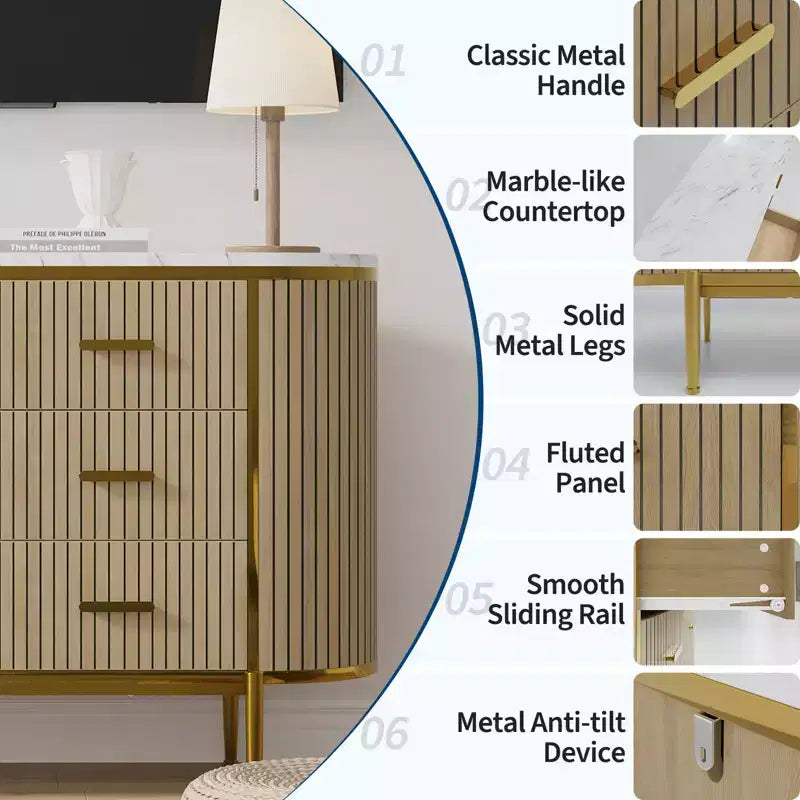 Commode à 6 tiroirs pour chambre à coucher, commode en bois de 47 po de large avec plateau en faux marbre, commode cannelée pour TV, organiseur de rangement pour vêtements de chambre à coucher