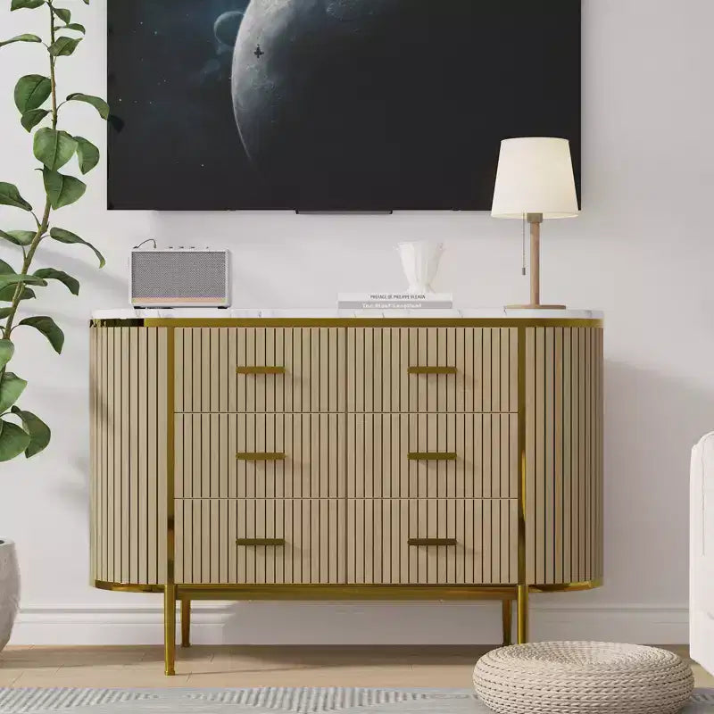 Commode à 6 tiroirs pour chambre à coucher, commode en bois de 47 po de large avec plateau en faux marbre, commode cannelée pour TV, organiseur de rangement pour vêtements de chambre à coucher