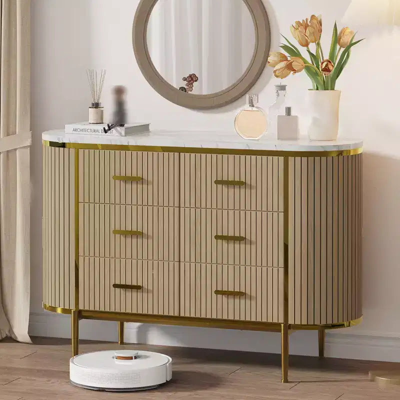 Commode à 6 tiroirs pour chambre à coucher, commode en bois de 47 po de large avec plateau en faux marbre, commode cannelée pour TV, organiseur de rangement pour vêtements de chambre à coucher