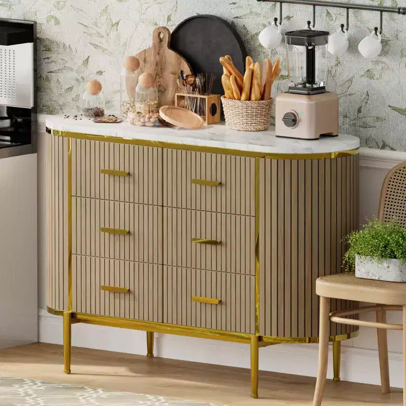 Commode à 6 tiroirs pour chambre à coucher, commode en bois de 47 po de large avec plateau en faux marbre, commode cannelée pour TV, organiseur de rangement pour vêtements de chambre à coucher
