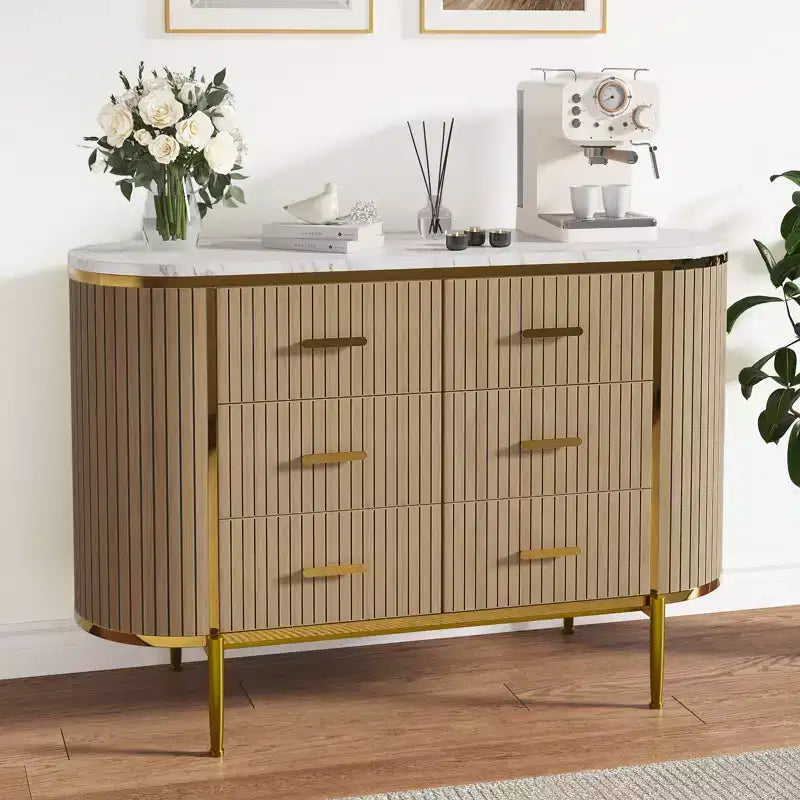 6 Drawer Dresser for Bedroom, 47W Wood Chest of Drawers with Faux Marble Top, Fluted Dresser TV Stand, Clothes Storage Organizer for Bedroom