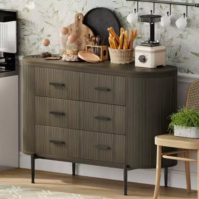 Commode à 6 tiroirs pour chambre à coucher, commode en bois de 47 po de large avec plateau en faux marbre, commode cannelée pour TV, organiseur de rangement pour vêtements de chambre à coucher