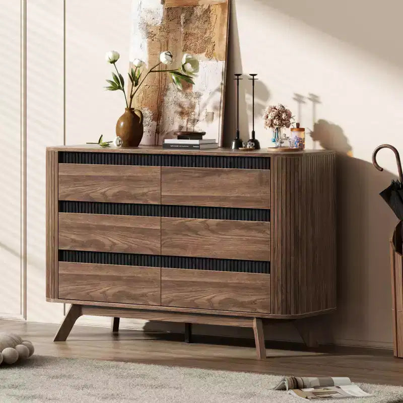 Commode 6 tiroirs à volet roulant, Commode au design profilé incurvé, Organiseur de tiroirs en bois pour Chambre, Salon, Couloir, Entrée