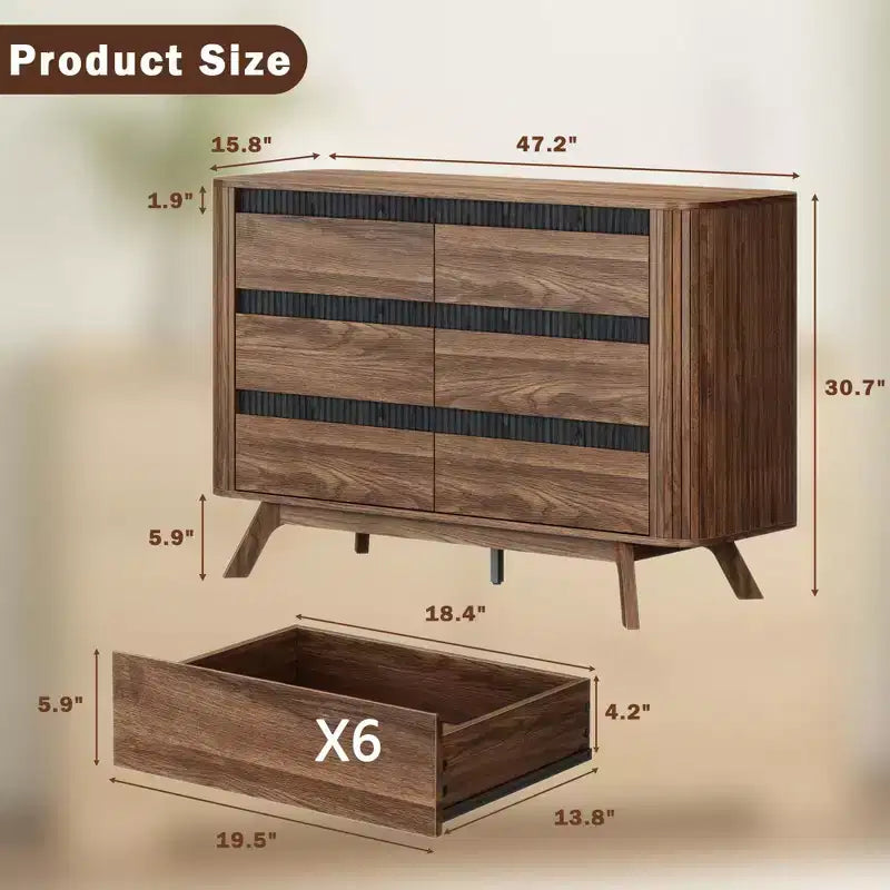 Commode 6 tiroirs à volet roulant, Commode au design profilé incurvé, Organiseur de tiroirs en bois pour Chambre, Salon, Couloir, Entrée
