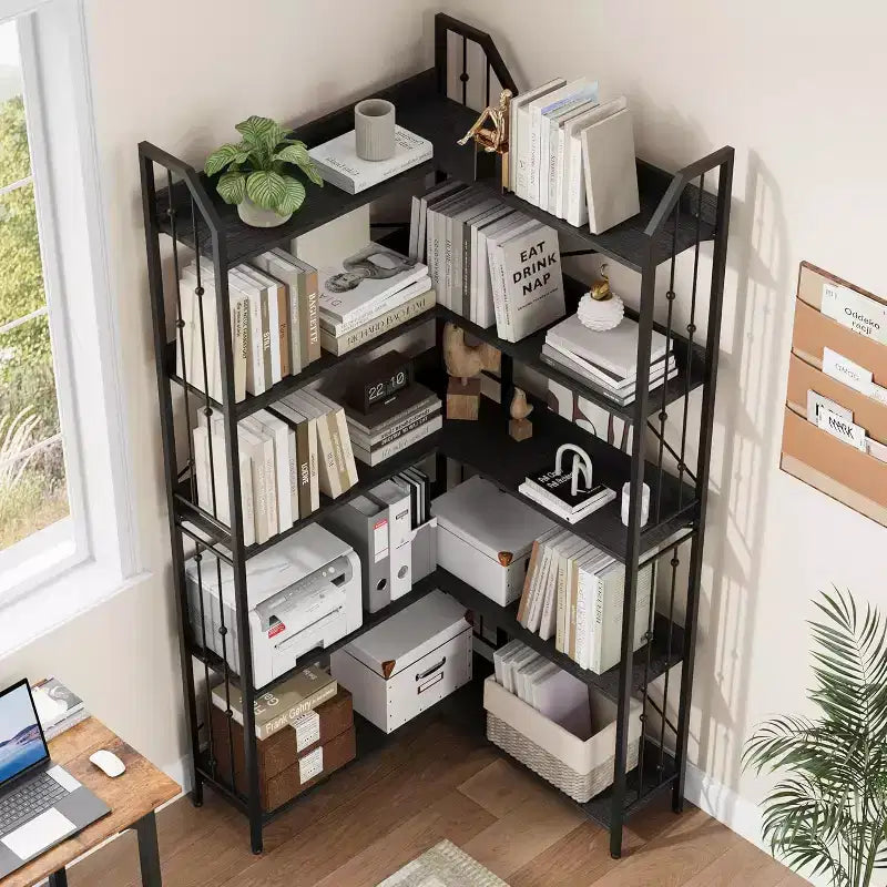 Bibliothèque d'angle en forme de L de 72 pouces, étagère haute à 5 niveaux avec motif perlé, grand meuble de rangement pour salon ou chambre, finition noire