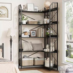 Bibliothèque d'angle en forme de L de 72 pouces, étagère haute à 5 niveaux avec motif perlé, grand meuble de rangement pour salon ou chambre, finition noire