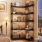 Bibliothèque d'angle en forme de L de 72 pouces, étagère haute à 5 niveaux avec motif perlé, grand meuble de rangement pour salon ou chambre, finition noire