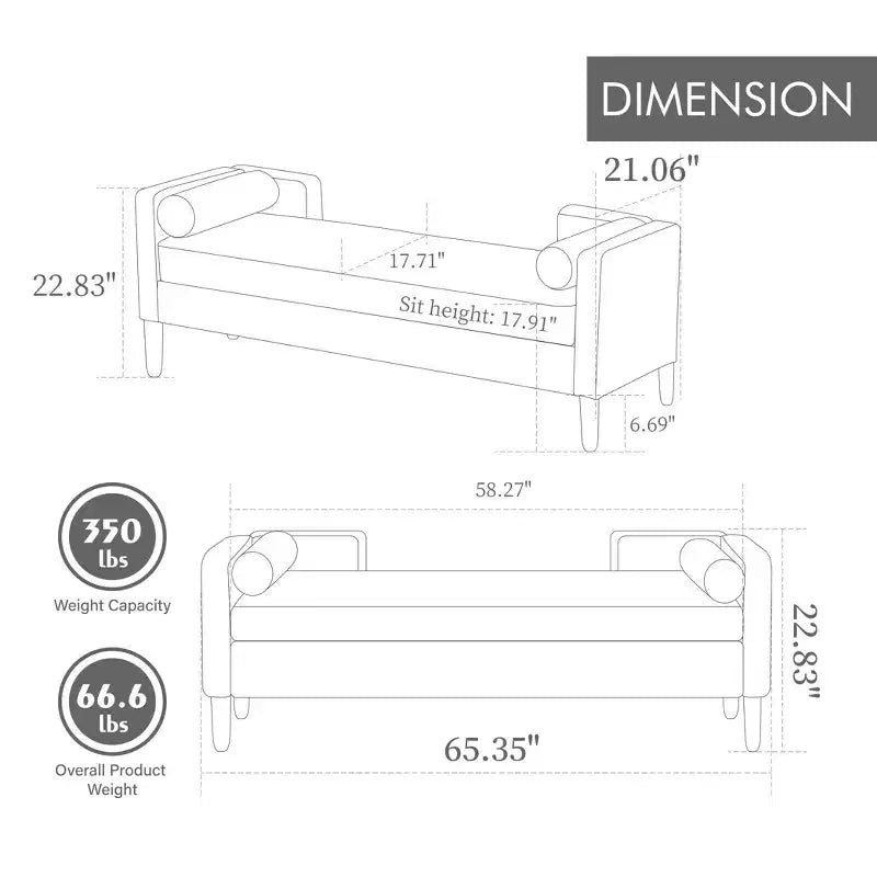 Banc de rangement ottoman moelleux TUYOHW 65,3 po de large avec 2 coussins traversins, banc de lit ottoman d'appoint pour salon et chambre à coucher, capacité de 350 lb