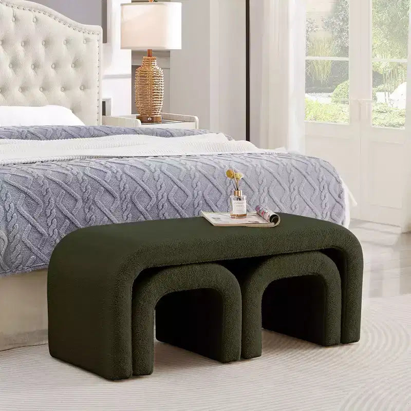 TUYOHW 44 Banc Ottoman moderne en forme de U pour salon, lot de 3, banc de bout de lit empilable, table d'appoint et tabourets en tissu Teddy doux
