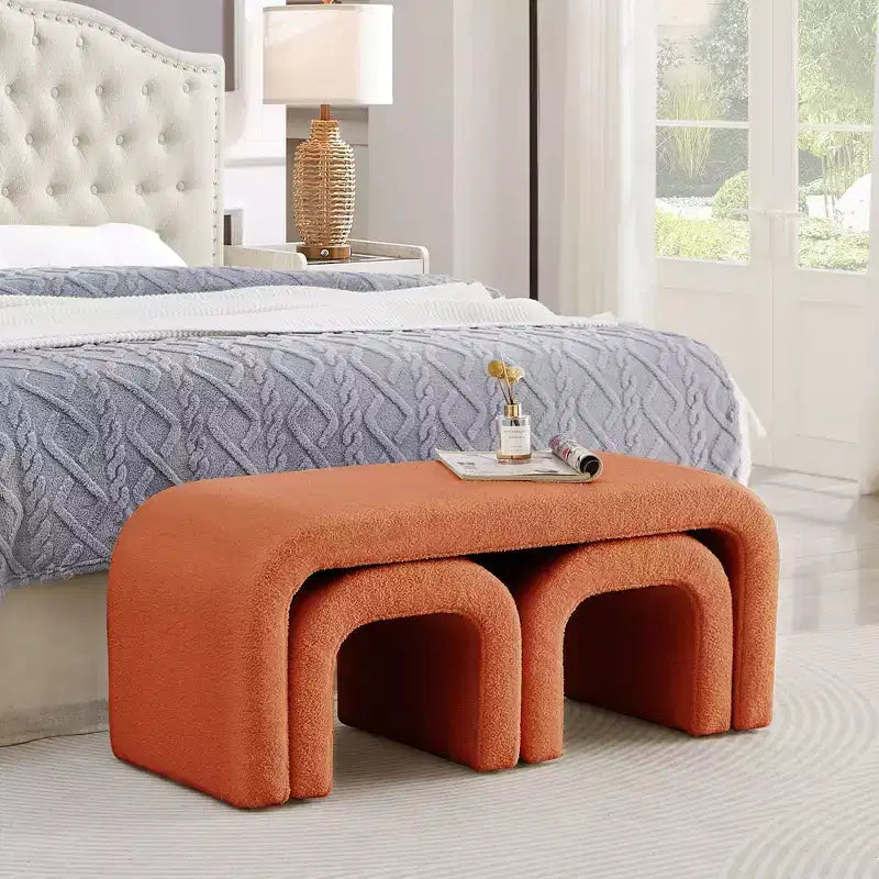 TUYOHW 44 Banc Ottoman moderne en forme de U pour salon, lot de 3, banc de bout de lit empilable, table d'appoint et tabourets en tissu Teddy doux