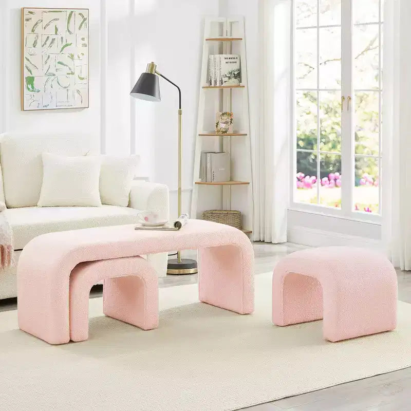 TUYOHW 44 Banc Ottoman moderne en forme de U pour salon, lot de 3, banc de bout de lit empilable, table d'appoint et tabourets en tissu Teddy doux