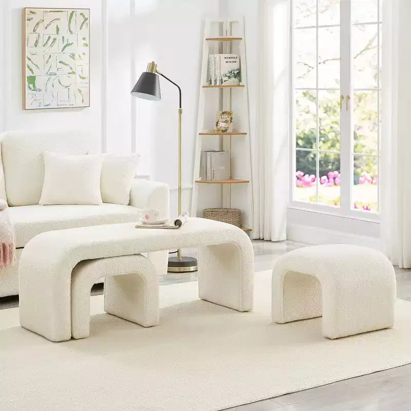 TUYOHW 44 Banc Ottoman moderne en forme de U pour salon, lot de 3, banc de bout de lit empilable, table d'appoint et tabourets en tissu Teddy doux