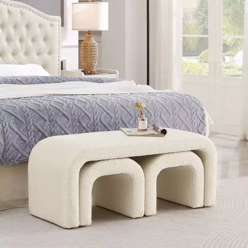TUYOHW 44 U-Shaped Modern Accent Ottoman Bench for Living Room,Set of 3,Stackable End of Bed Bench,Soft Teddy Fabric End Table & Stools