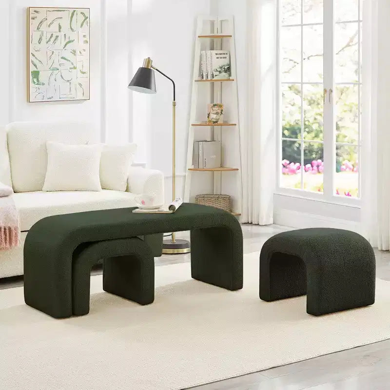 TUYOHW 44 Banc Ottoman moderne en forme de U pour salon, lot de 3, banc de bout de lit empilable, table d'appoint et tabourets en tissu Teddy doux