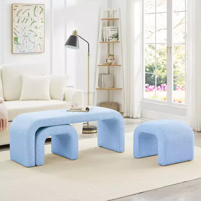 TUYOHW 44 Banc Ottoman moderne en forme de U pour salon, lot de 3, banc de bout de lit empilable, table d'appoint et tabourets en tissu Teddy doux