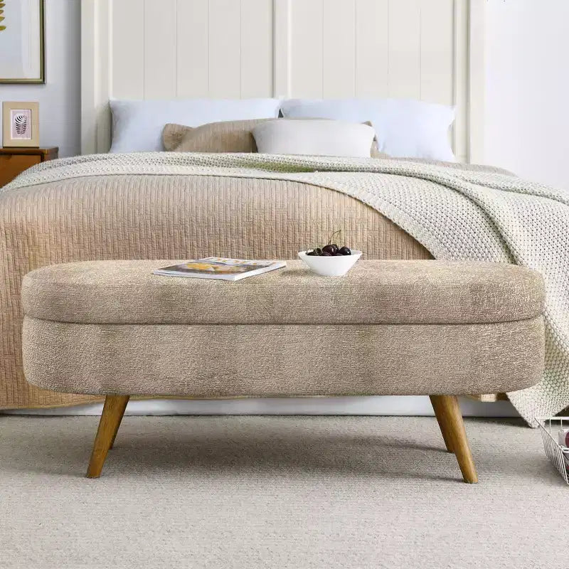 TUYOHW 43 Banc de Rangement Polyvalent Bout de Lit, Banc d'Entrée en Lin Doux, Pouf de Lit Élégant avec Pieds en Bois d'Hévéa, Capacité de 113 kg