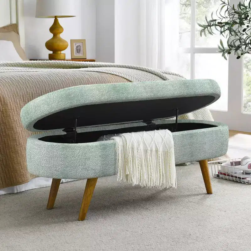 TUYOHW 43 Banc de Rangement Polyvalent Bout de Lit, Banc d'Entrée en Lin Doux, Pouf de Lit Élégant avec Pieds en Bois d'Hévéa, Capacité de 113 kg