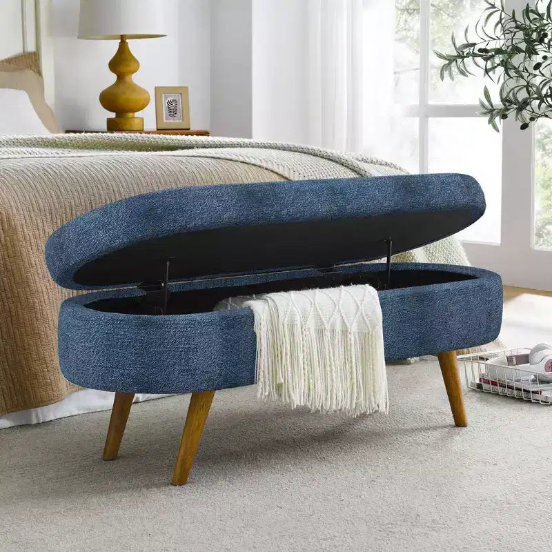 TUYOHW 43 Banc de Rangement Polyvalent Bout de Lit, Banc d'Entrée en Lin Doux, Pouf de Lit Élégant avec Pieds en Bois d'Hévéa, Capacité de 113 kg