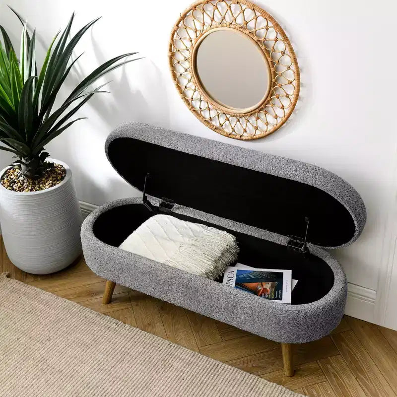 TUYOHW 43 Banc de Rangement Polyvalent Bout de Lit, Banc d'Entrée en Lin Doux, Pouf de Lit Élégant avec Pieds en Bois d'Hévéa, Capacité de 113 kg