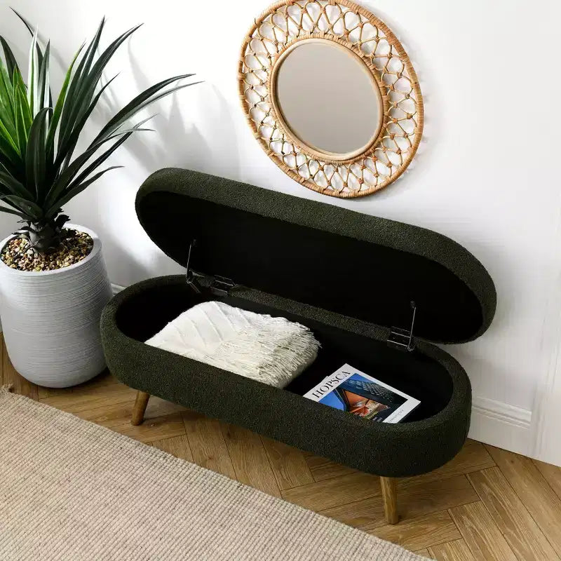 TUYOHW 43 Banc de Rangement Polyvalent Bout de Lit, Banc d'Entrée en Lin Doux, Pouf de Lit Élégant avec Pieds en Bois d'Hévéa, Capacité de 113 kg