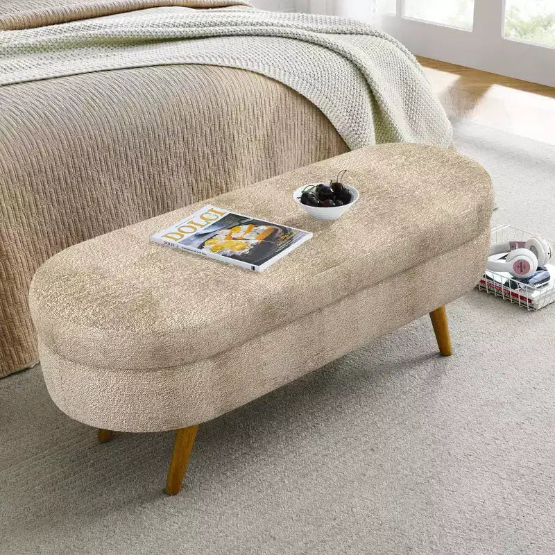 TUYOHW 43 Banc de Rangement Polyvalent Bout de Lit, Banc d'Entrée en Lin Doux, Pouf de Lit Élégant avec Pieds en Bois d'Hévéa, Capacité de 113 kg
