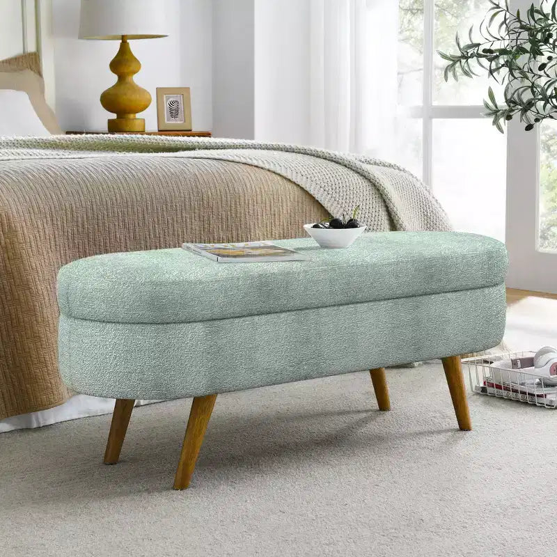 TUYOHW 43 Banc de Rangement Polyvalent Bout de Lit, Banc d'Entrée en Lin Doux, Pouf de Lit Élégant avec Pieds en Bois d'Hévéa, Capacité de 113 kg
