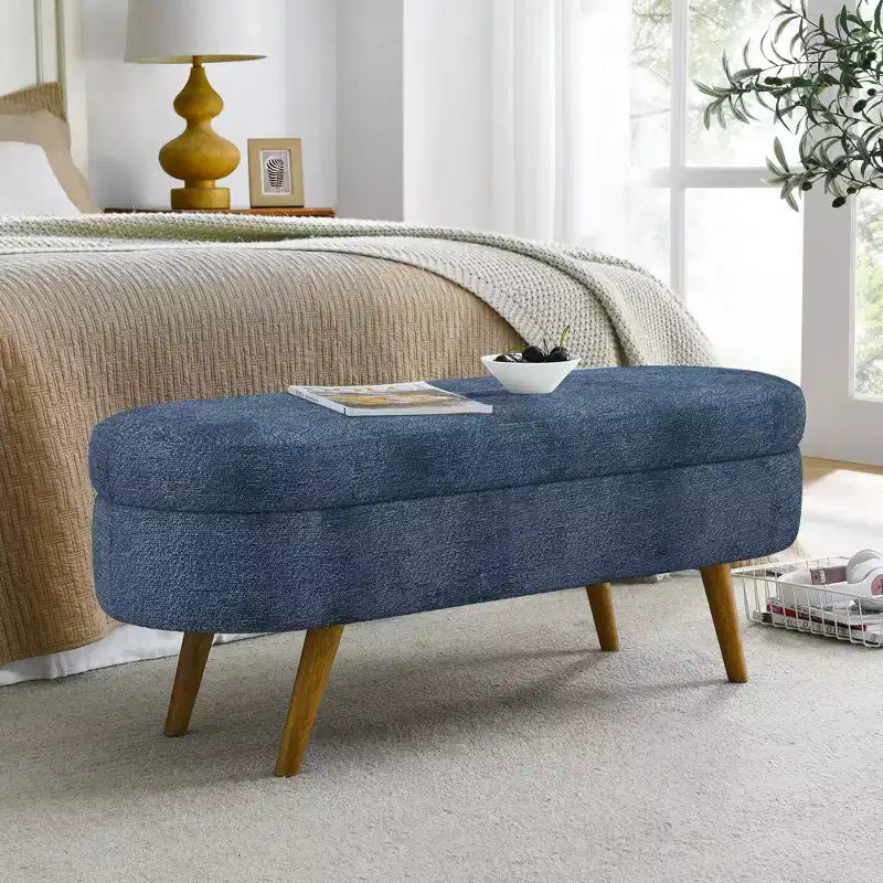 TUYOHW 43 Banc de Rangement Polyvalent Bout de Lit, Banc d'Entrée en Lin Doux, Pouf de Lit Élégant avec Pieds en Bois d'Hévéa, Capacité de 113 kg