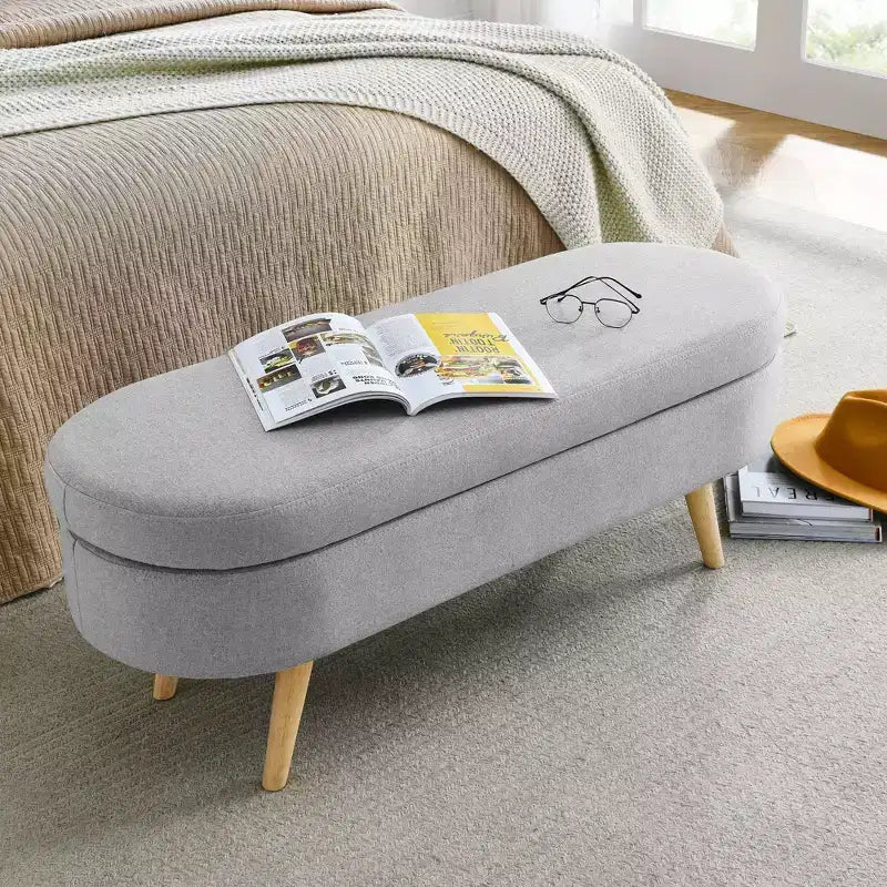 TUYOHW 43 Banc de Rangement Polyvalent Bout de Lit, Banc d'Entrée en Lin Doux, Pouf de Lit Élégant avec Pieds en Bois d'Hévéa, Capacité de 113 kg