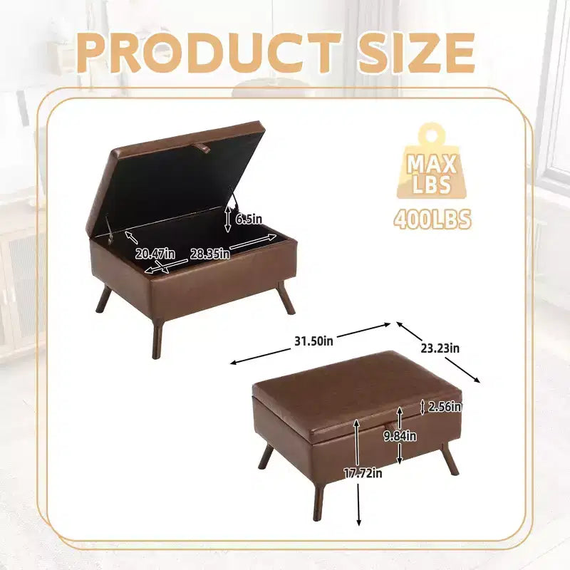 TUYOHW 23.2 Pouf de rangement mi-siècle pour salon et chambre, repose-pieds polyvalent, pouf de table basse en cuir PU, capacité de 180 kg