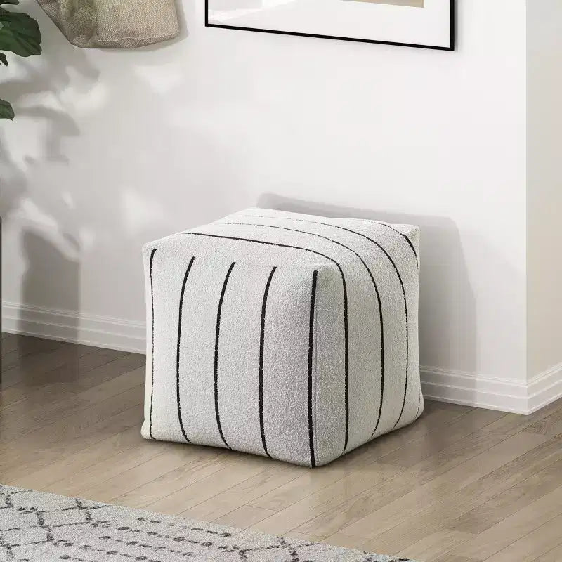 TUYOHW 16H Square Pouf,Chic Jacquard Ottoman for Living Room,Footrest Stool Non-Slip Bean Bag Chair,300lbs Capacity,White Stripes