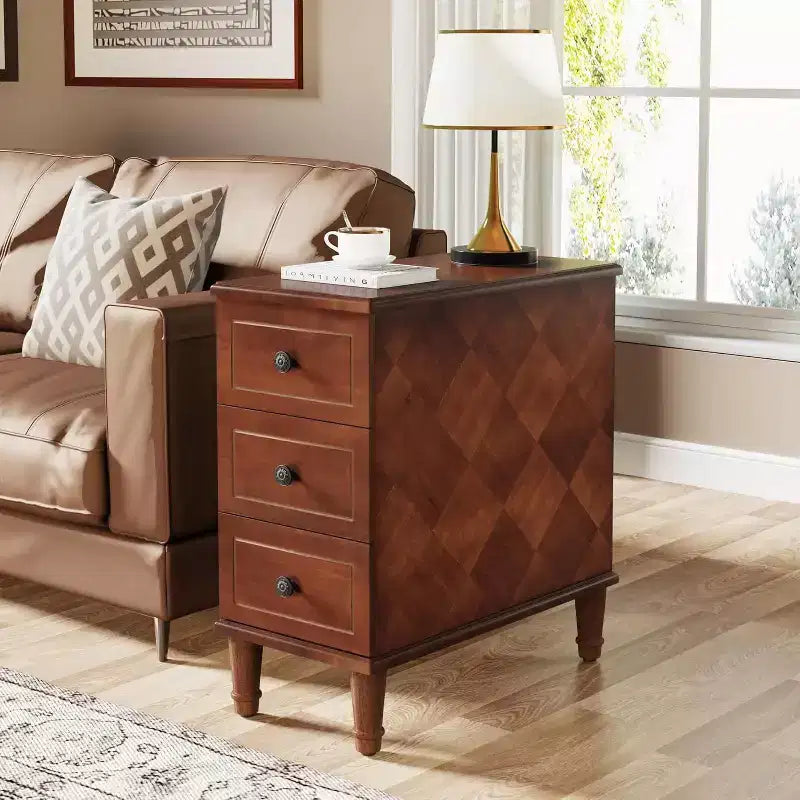 Lantine Wood End Table, Fully Assembled Narrow Side Table with Drawers, Nightstand Slim Bedside Table for Small Spaces, Living Room, Bedroom, Brown