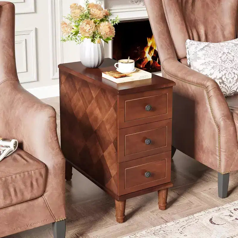 Table d'appoint Lantine Wood, Table d'appoint étroite entièrement assemblée avec tiroirs, Table de chevet fine pour petits espaces, Salon, Chambre à coucher, Marron
